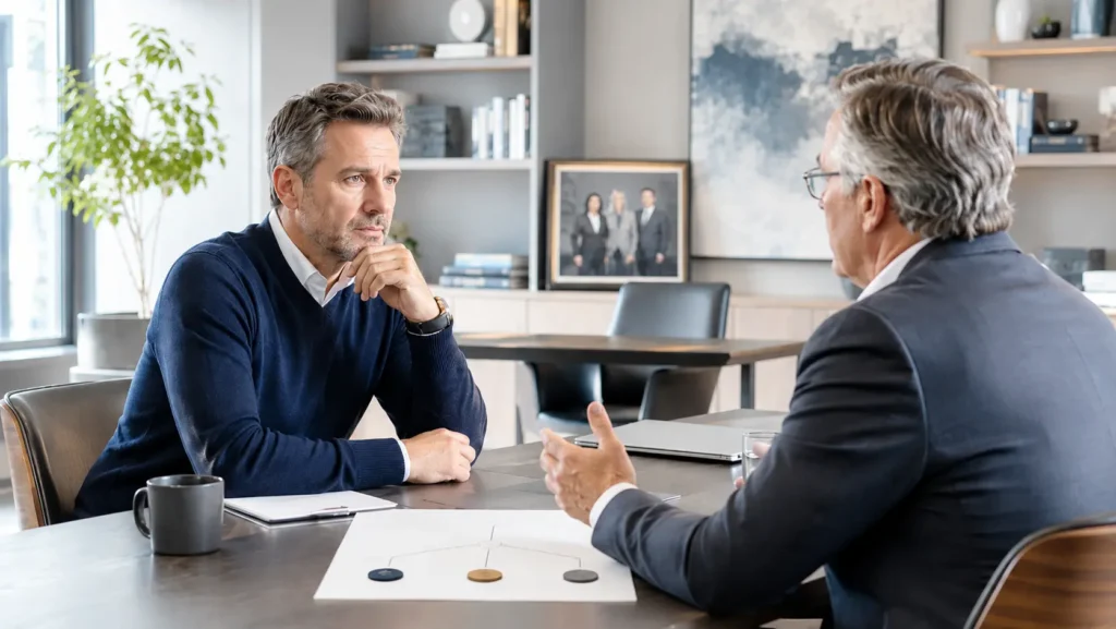 Unternehmensnachfolge im Coaching klären: Gespräch über Verantwortung, Zielkonflikte und nächste Schritte